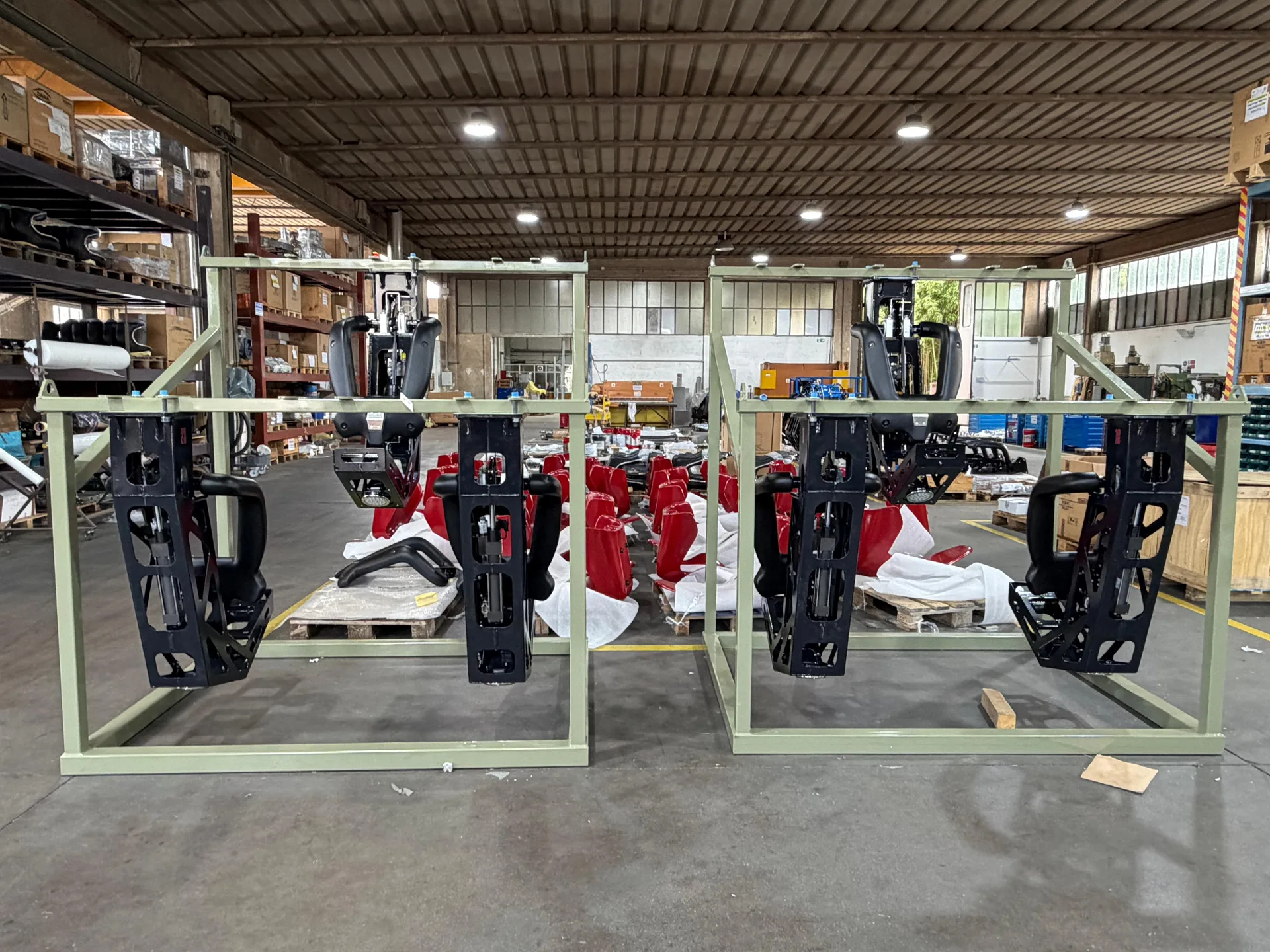 Ride seats and restraint systems prepared in the Soriani production department
